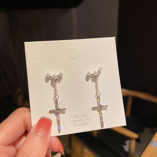 

dangle & chandelier personality simple rhinestones cross earrings fashion women's accessories female temperament imitation pearl jewelr, Silver