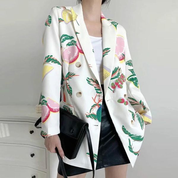 

women's suits & blazers [ewq] korea chic casual trend women lapel double-breasted fruit print loose fashion long-sleeved blazer autumn, White;black