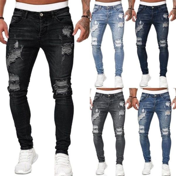 

men's jeans ripped skinny hole trousers stretch slim denim pants large size hip hop black blue casual jogging jeans for men 211011