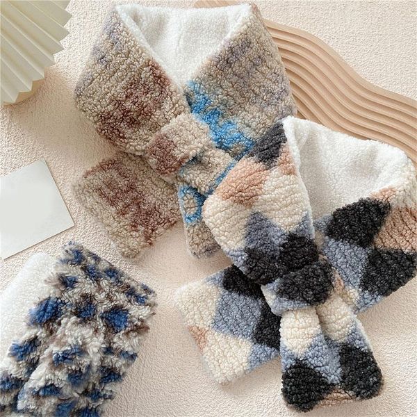 

scarves korea style elegant simple warm plush scarf skin-friendly comfortable ladies accessories cute sweet curly wool color-block, Blue;gray