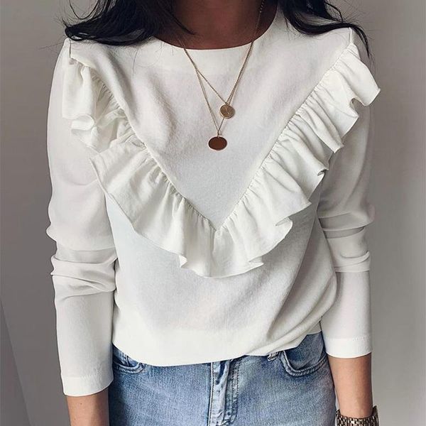 

long sleeve elegant women blouses 2021 lady office work ruffles o-neck khaki shirts white black spring autumn women's &