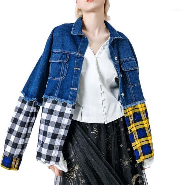 

vintage plaid long sleeve spring jeans women coat harajuku spliced denim jacket female clothes loose casual streetwear c511, Black;brown