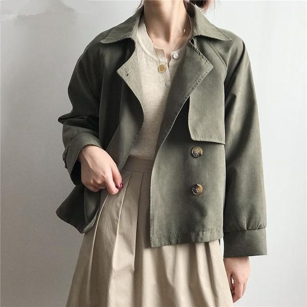 

women's trench coats 2021 autumn winter cargo windbreaker casual vintage pockets outerwear oversize short, Tan;black