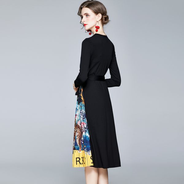

casual dresses elegant o-neck long sleeve women vintage print patchwork pleated midi autumn female ethnic retro belt tuu7, Black;gray