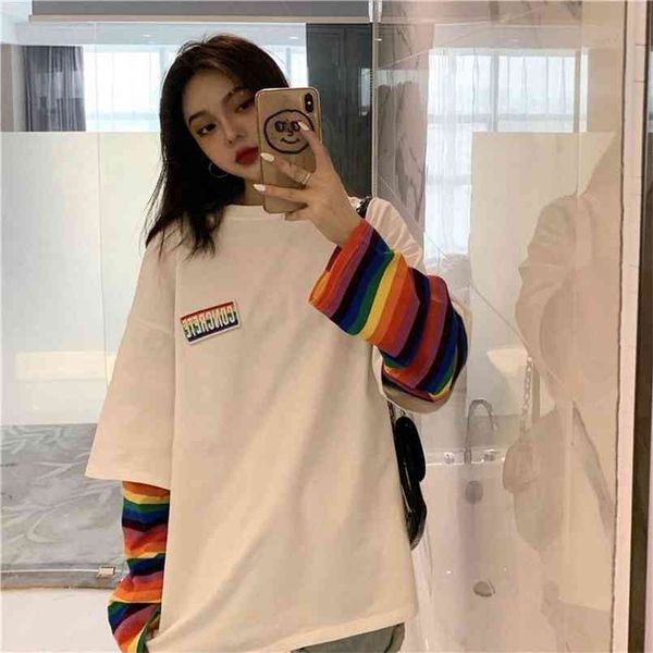 

rainbow striped fake two pieces t shirt women casual loose harajuku bf female korean fashion streetwear woman clothes 210708, White