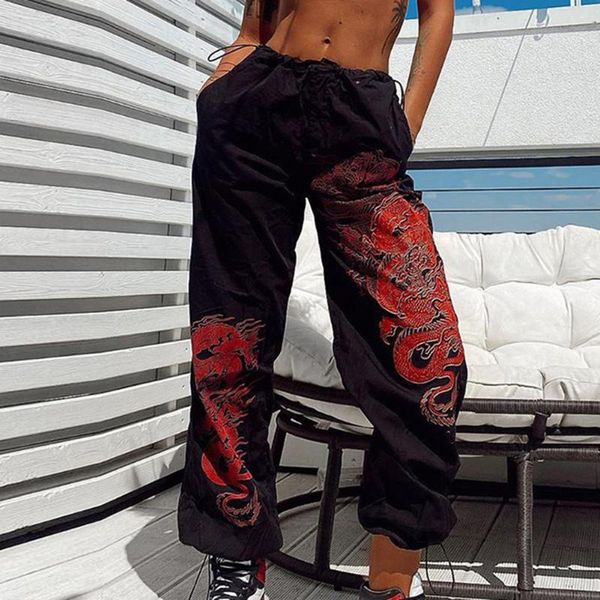 

women's leggings streetwear dragon printed loose sweatpants women pants drawstring chinese style hip hop high waist casual drawers, Black