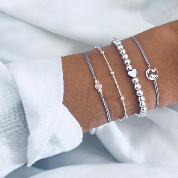 

link, chain 4 pcs/set women vintage pink gem heart map leather silver bracelet set bohemian fashion beach jewelry accessories, Black