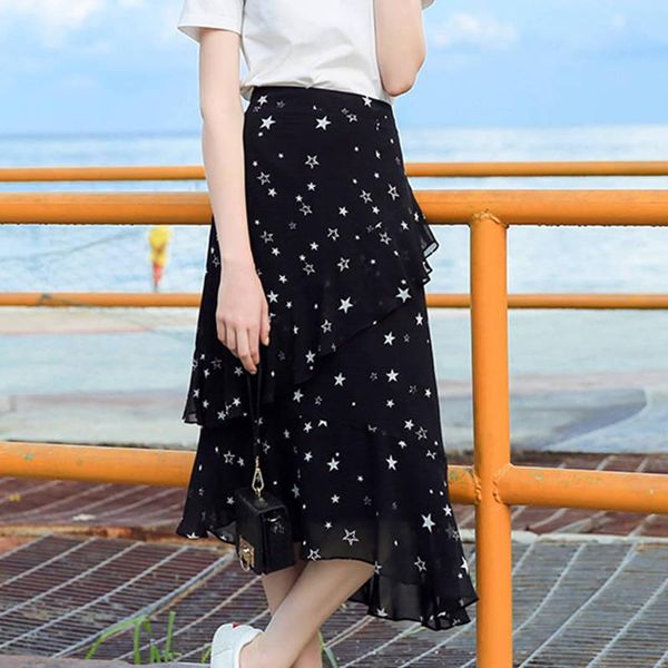 

skirts hanyiren star print asymmetric chiffon casual skirt women summer beach vintage high waist ruffle 2021 fashion wear, Black
