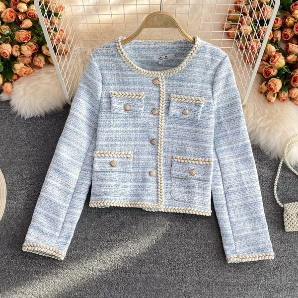 

women's jackets single breasted pocket tweed short jacket korean retro fashion simple elegant female coat outerwear top, Black;brown