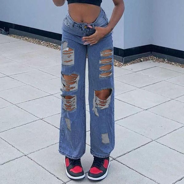 

women's jeans women casual denim 2021 autumn frayed tassel ripped, Blue
