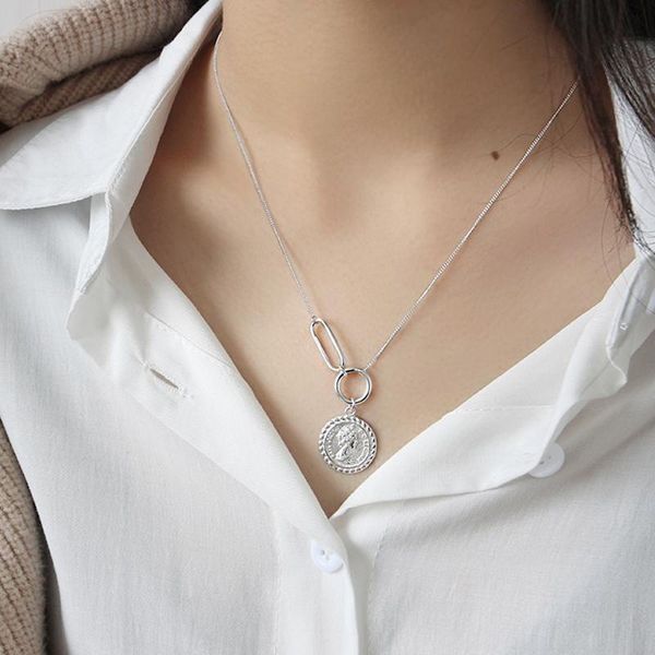 

korean 925 sterling silver queen portrait coin pendant big round circle chain women necklace punk style accessories chokers, Golden;silver