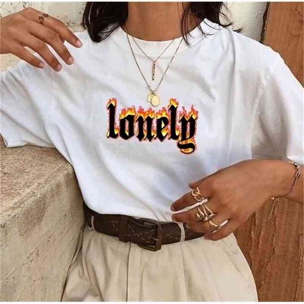 

flame lonely letter cotton casual t shirt streetwear summer men women hip hop tee 210512, White