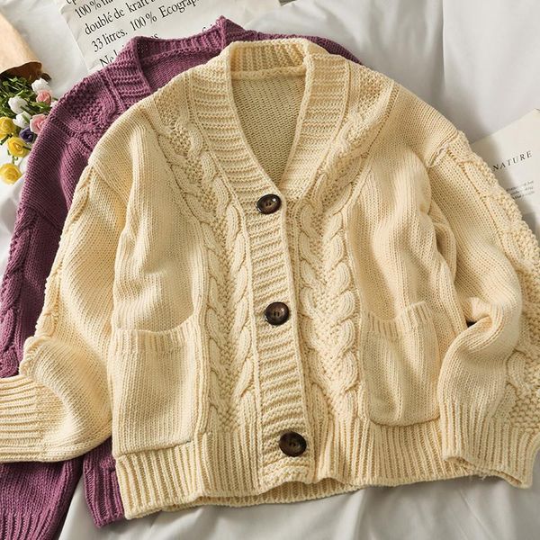 

women's knits & tees korean version retro all-match pattern loose fashion show thin sweater single breasted cardigan v-neck, White