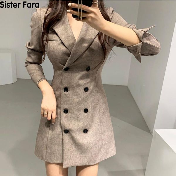 

sister fara spring autumn woman's turn-down collar suit dress double breasted vintage thin ol office lady short skirt casual dresses, Black;gray