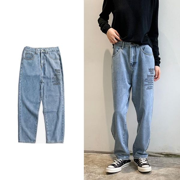 

men's jeans 2021 autumn/winter men loose cotton cord pants street hip hop blue letter print nine split