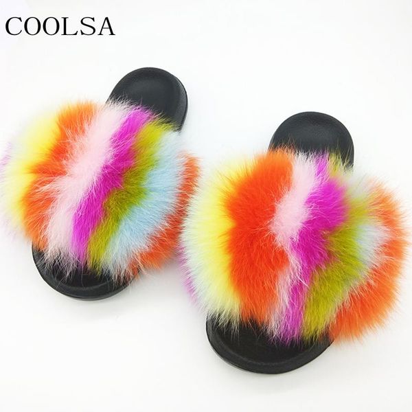 

slippers women's real hair women fur home fluffy sliders plush furry flat flip flops ladies shoes sandals large size 45, Black
