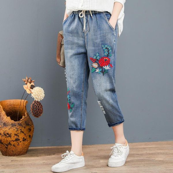 

women's jeans spring summer arts style women elastic waist denim harem pants floral embroidery vintage baggy loose ripped mom, Blue