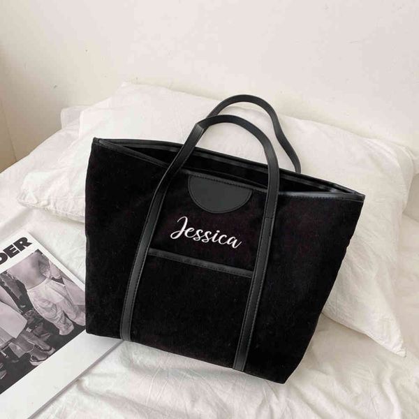 

bag customizable light wool tote bag embroidered name one-shoulder handbag simple versatile large capacity