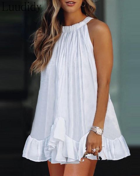 

casual dresses women halter ruffles design sleeveless mini dress, Black;gray