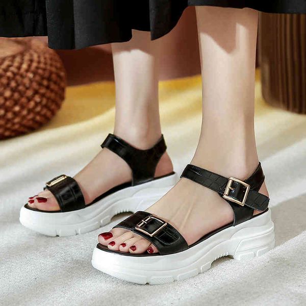 

sandals for real-leather women will see women's shoes fashion buckled metal toe casual round-foot ladies 34-39 size 6p0p, Black