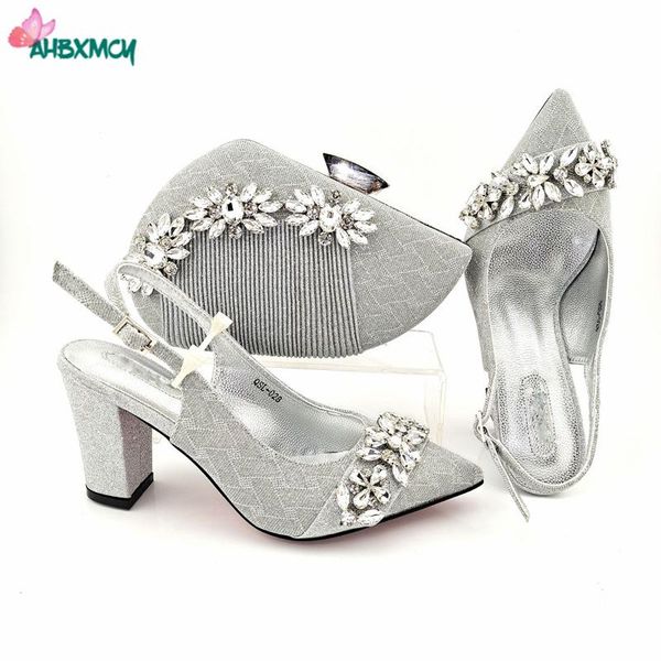 

dress shoes silver color arrivals nigeiran women and bag to match decorate with rhinestone comfortable heels thin for party, Black