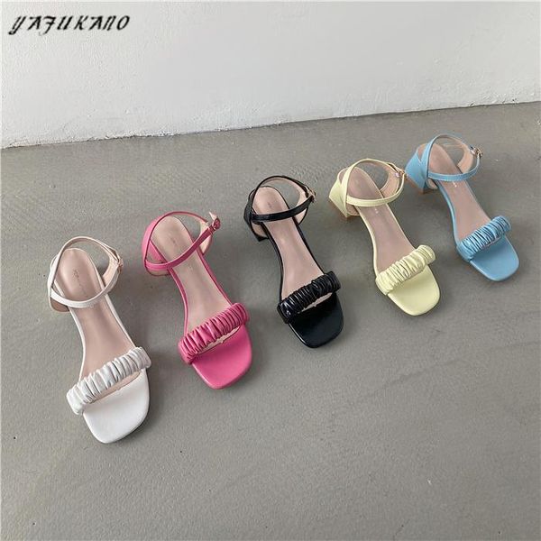 

sandals fairy style thick heel roman female summer french candy color pleated one word buckle open toe mid high heels, Black