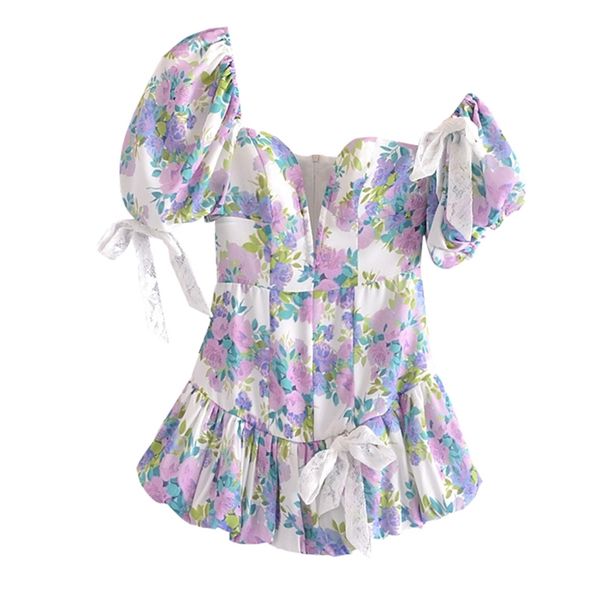 

sweet floral print asymmetric puff sleeve dress women summer party mini dresses elegant ladies short chic robe 210514, Black;gray