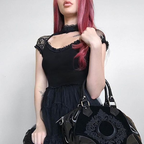 

women's t-shirt 2021 summer high street fashion gothic casual designer hipster thin lace splicing low-cut round neck, White