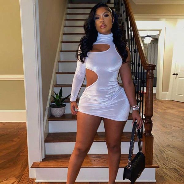 

sisterlinda spring white hollow one shoulder turtleneck skinny bodycon mini dress female night party club elegant dress2021 y1006, Black;gray