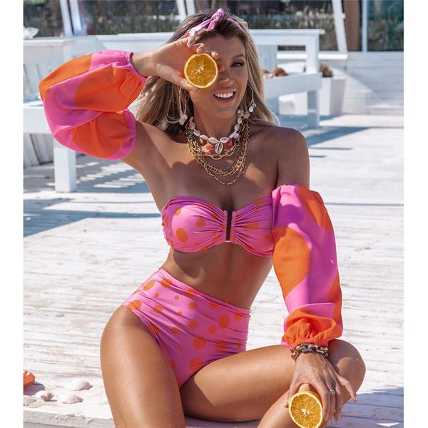 

tube bikini detachable long sleeve swimsuit polka dot printed bikinis ladies stretch breathable swimsuits