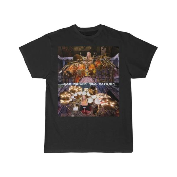 

iron maiden niko mcbrain' drums men's short sleeve t shirt, White;black