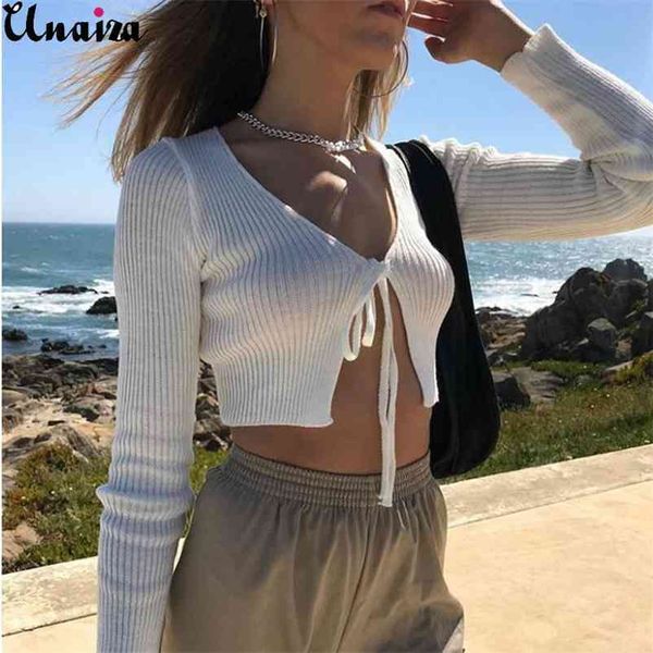 

unaiza women clothes bow tie cardigan long-sleeved v-neck slim short perspective navel solid color casual 210522, White