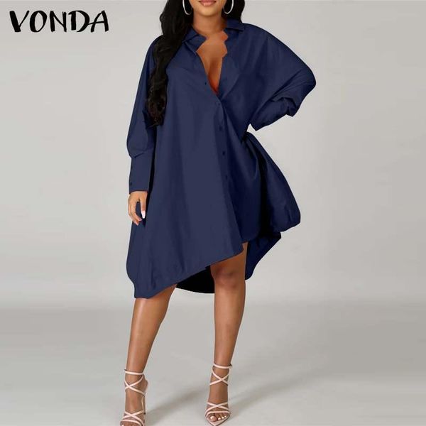

women casual shirt dress 2021 vonda asymmetrical mid-calf beach bohemian summer sundress lapel neck vestidos 5xl dresses, Black;gray