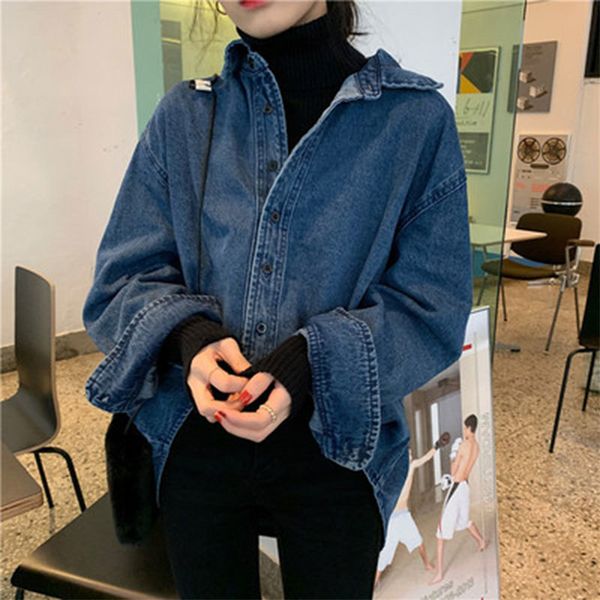 

shorts autumn fashion women long sleeve loose denim shirts coat vintage blue turn-down collar casual blouse big size m676 hx7s, White;black