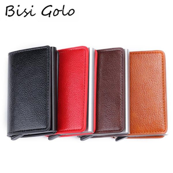 

card holders bisi goro holder crazy horse pu leather 2021 men and women rfid aluminium business case travel smart wallet, Brown;gray
