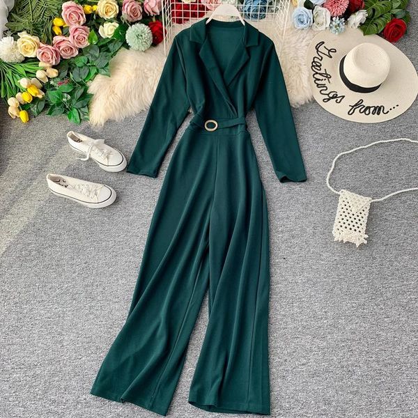 

women's jumpsuits & rompers fashion 2021 work ol business notched neck long sleeve casual women solid color overalls j946, Black;white