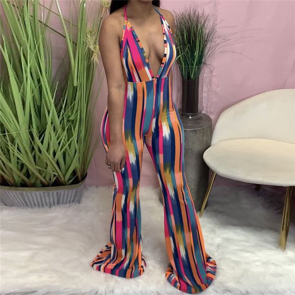 

summer print loose flared jumpsuit sleeveless deep v neck halter lace up off shoulder backless casual streetwear, Black;white
