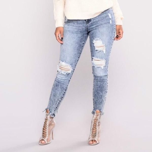 

women's jeans washed denim pants for women stretch skinny ripped hole trousers fashion casual slim jeggings blue ladies pencil