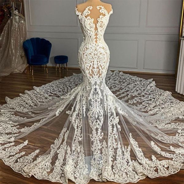 Abito da sposa trasparente in pizzo Arabia per le donne Scollatura trasparente che borda abiti da sposa lunghi sexy a sirena vestidos291S