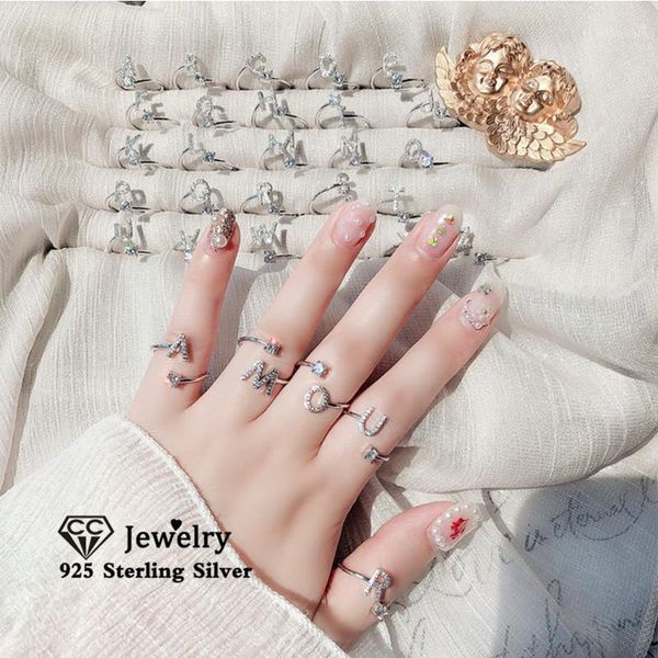 

cluster rings letter for women s925 silver 26 letters cubic zirconia simple adjustable tail ring fine jewelry drop 31551, Golden;silver