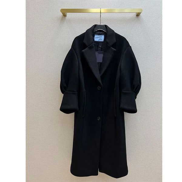 

women's wool & blends high end winter runway women black long coat fashion three quarter puff sleeve turn down collar single breasted w