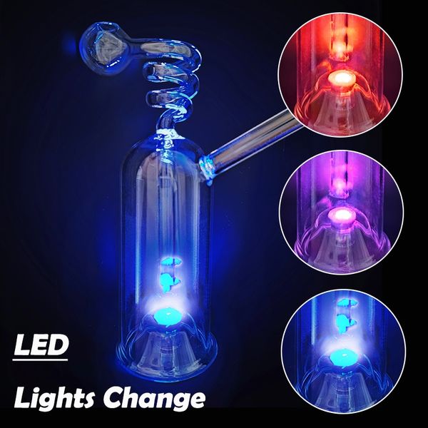 LED Glow Glass Narghilè Spirale Fumo Tubo Fumo Shisha Tubi di vetro usa e getta Bruciatore a nafta Cenere Catcher Bong Percolatore Set intero Bubbler Regali Accessori per ciotole di tabacco