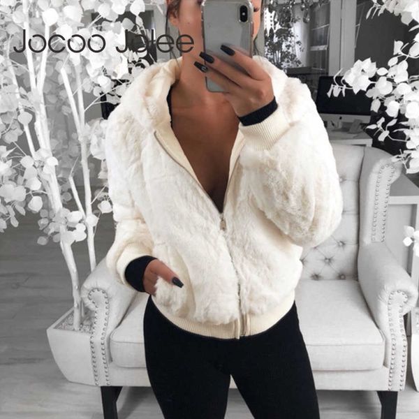 

jocoo jolee faux fur coat winter hooded cropped coats and jackets teddy coat fluffy fleece jackets warm outwear clothing 210619, Black