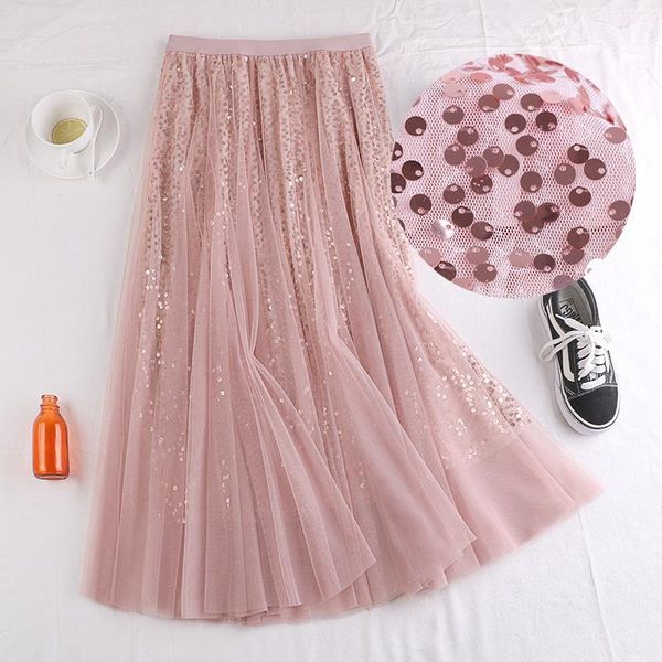 

skirts winter fairy han edition in high wind waist thin long white gauze sequins splicing female skirt 690, Black