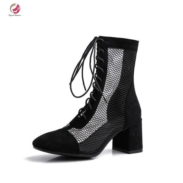 

boots original intention stylish women ankle long air mesh square toe heels black apricot shoes woman size 3-10.5
