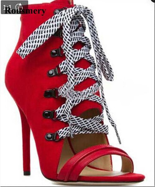 

women fashion open toe lace-up suede leather high heel sandals red blue ankle wrap gladiator, Black