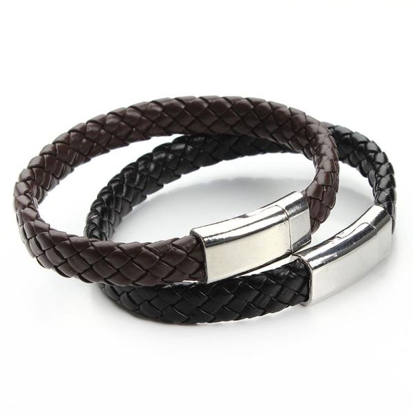 

bangle ckysee1pcs/lot black leather rope bracelet flat braided magnetic clasp total length 22cm jewelry diy accessories