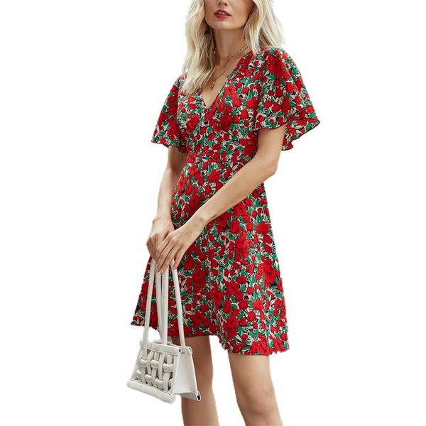 

women's swimwear women fashion v-neck floral print dress stylish short sleeve for ladies female, White;black