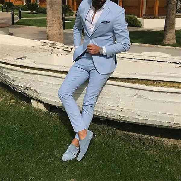 Abiti da uomo slim fit blu cielo chiaro con risvolto con risvolto Groomsmen da sposa smoking da spiaggia per uomo Blazer 2 pezzi (giacca + pantaloni) X0608