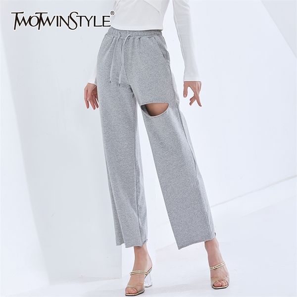 

casual patchwork hole wide leg pants for women high waist straight loose trousers female fashion clothing 210521, Black;white